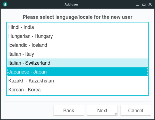 「NomadBSD 131R」-「Please select language/locale for the new user」