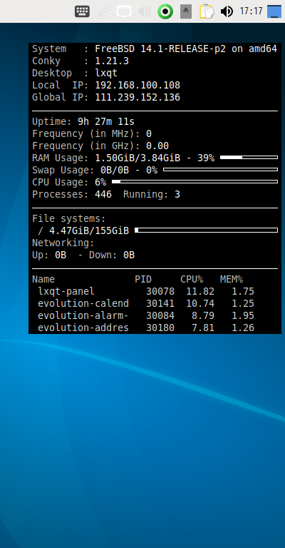 「NomadBSD 141R LXQt」-「Conky」「表示」