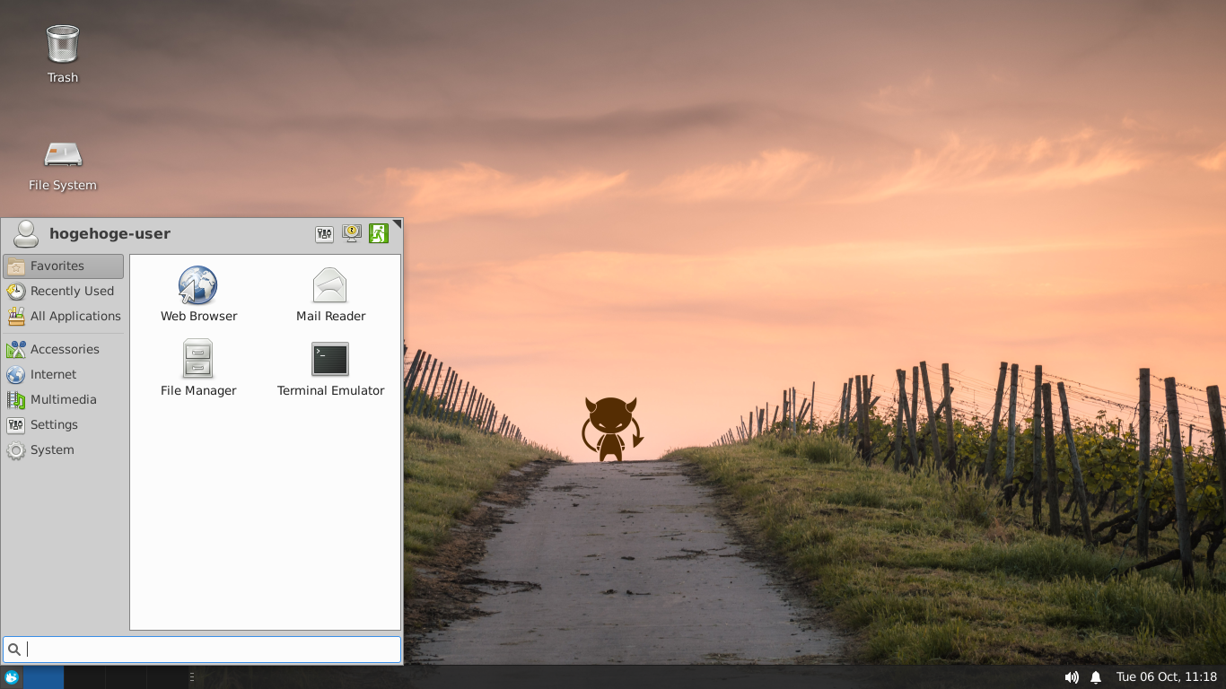 「FuryBSD 12.1 XFCE」-「デフォルトのデスクトップ・メニュー」