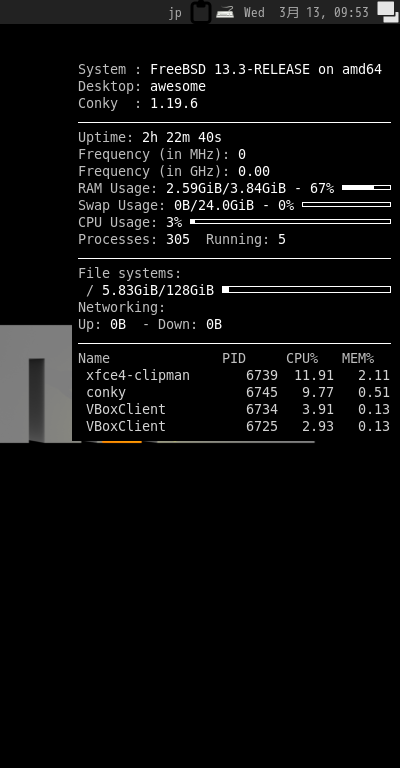 「awesome FreeBSD 13.3」-「Conky」「表示」