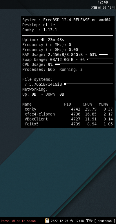 クリックでオリジナルのサイズで開きます 「qtile FreeBSD 12.4」-「Conky」「表示」