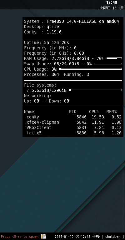 クリックでオリジナルのサイズで開きます 「qtile FreeBSD 14.0」-「Conky」「表示」
