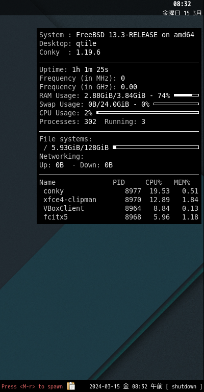 クリックでオリジナルのサイズで開きます 「qtile FreeBSD 13.3」-「Conky」「表示」