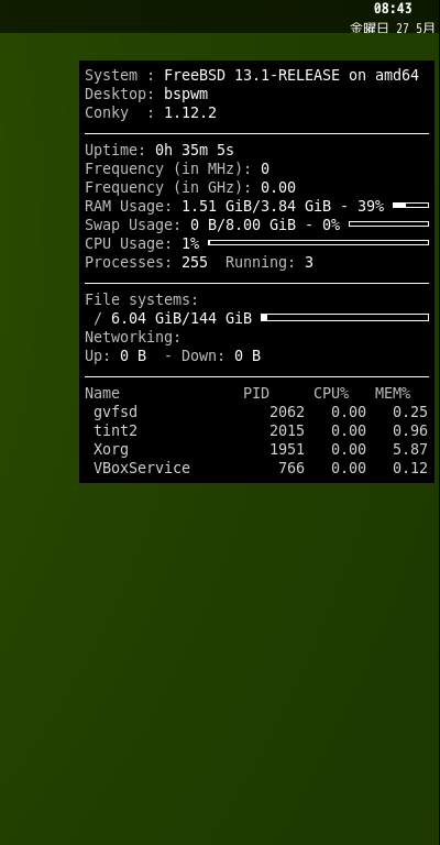 クリックでオリジナルのサイズで開きます 「bspwm FreeBSD 13.1」-「Conky」「表示」