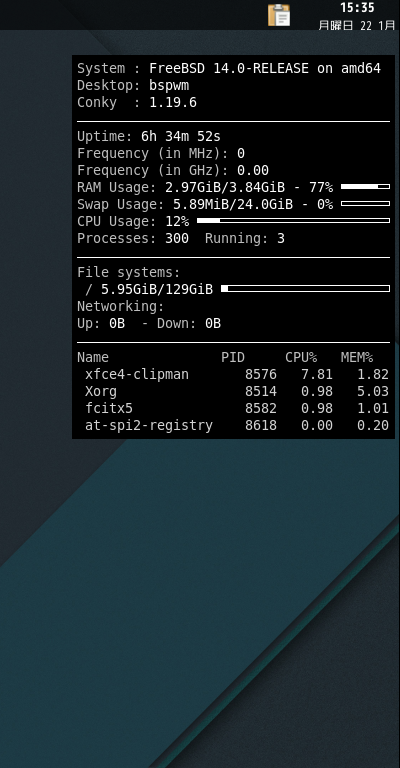 クリックでオリジナルのサイズで開きます 「bspwm FreeBSD 14.0」-「Conky」「表示」