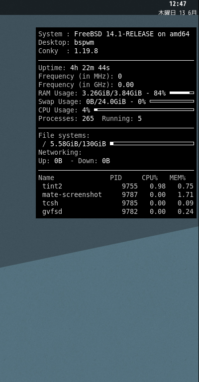 クリックでオリジナルのサイズで開きます 「bspwm FreeBSD 14.1」-「Conky」「表示」