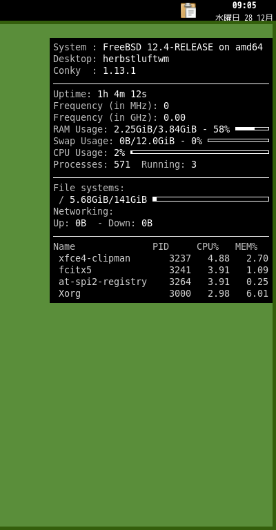 クリックでオリジナルのサイズで開きます 「herbstluftwm FreeBSD 12.4」-「Conky」「表示」