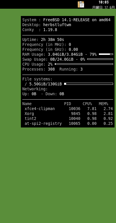 クリックでオリジナルのサイズで開きます 「herbstluftwm FreeBSD 14.1」-「Conky」「表示」