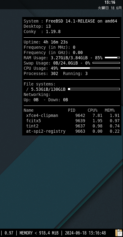 クリックでオリジナルのサイズで開きます 「i3wm FreeBSD 14.1」-「Conky」「表示」