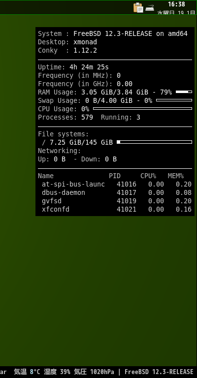 クリックでオリジナルのサイズで開きます 「xmonad FreeBSD 12.3」-「Conky」「表示」
