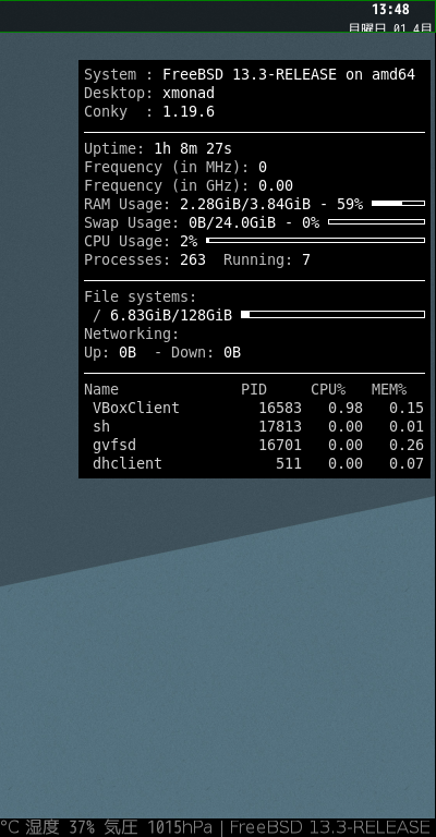 クリックでオリジナルのサイズで開きます 「xmonad FreeBSD 13.3」-「Conky」「表示」