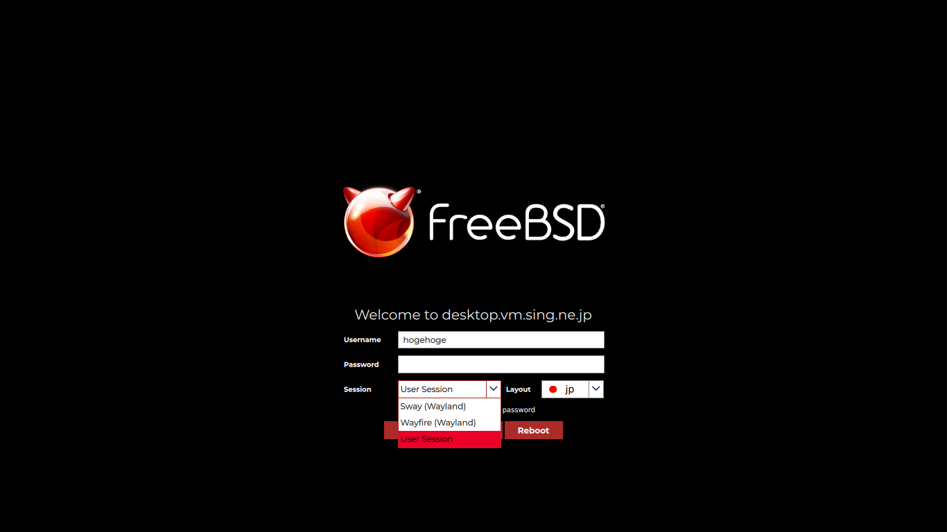 クリックでオリジナルのサイズで開きます 「sway FreeBSD 13.0」-「ログイン画面」