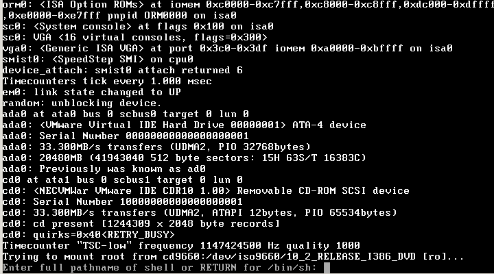 「FreeBSD 10.2 RELEASE」-「Enter full pathname or RETURN for /bin/sh」