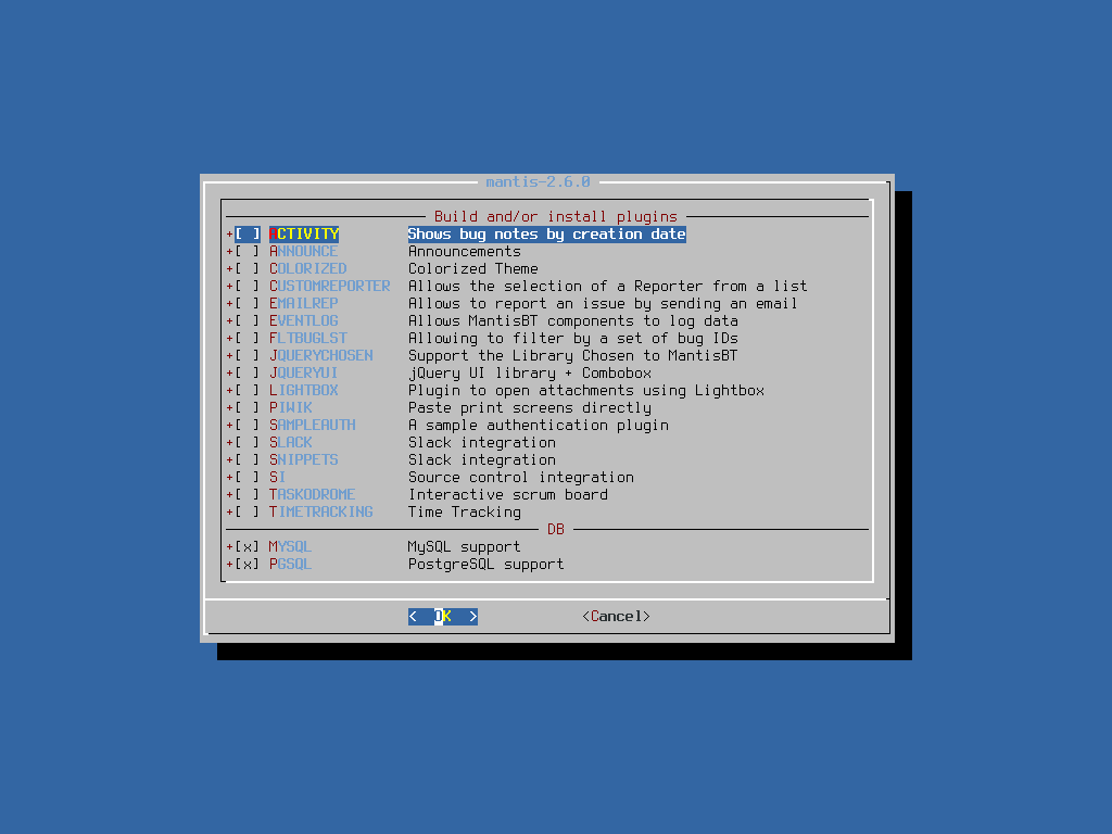 クリックでオリジナルのサイズで開きます 「FreeBSD 10.4 RELEASE」-「/usr/ports/databases/mantis」「オプション」