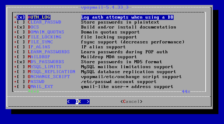 クリックでオリジナルのサイズで開きます 「FreeBSD 11.4 RELEASE」-「/usr/ports/mail/vpopmail」「make config ①」
