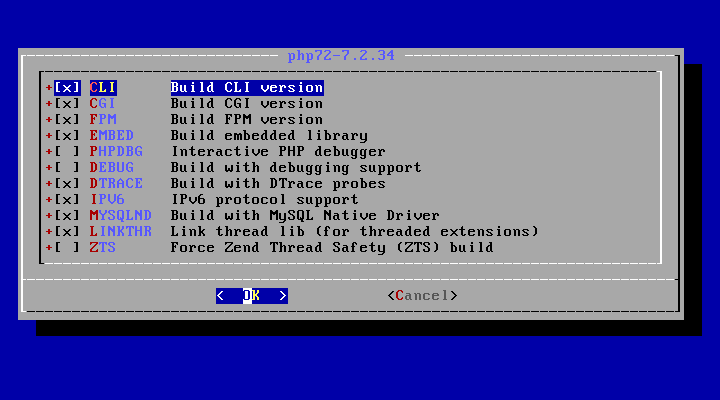 「FreeBSD 12.2 RELEASE」-「/usr/ports/lang/php72」「make config」