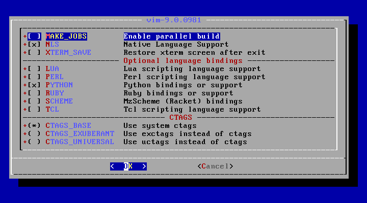 クリックでオリジナルのサイズで開きます 「FreeBSD 12.4 RELEASE」-「/usr/ports/editors/vim」「make config」