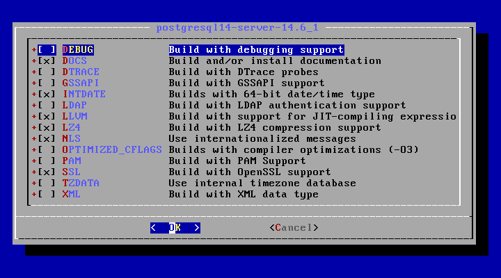 クリックでオリジナルのサイズで開きます 「FreeBSD 12.4 RELEASE」-「/usr/ports/databases/postgresql14-server」「オプション」
