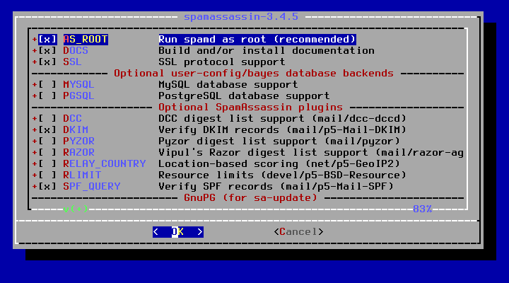 クリックでオリジナルのサイズで開きます 「FreeBSD 13.0 RELEASE」-「/usr/ports/mail/spamassassin」「make config ①」」
