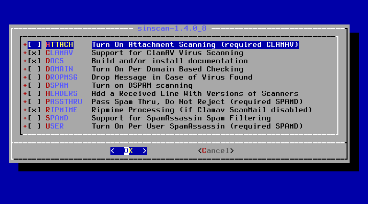 クリックでオリジナルのサイズで開きます 「FreeBSD 13.0 RELEASE」-「/usr/ports/mail/simscan」「make config」」