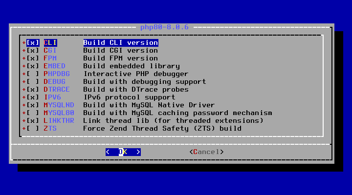 クリックでオリジナルのサイズで開きます 「FreeBSD 13.0 RELEASE」-「/usr/ports/lang/php80」「make config」