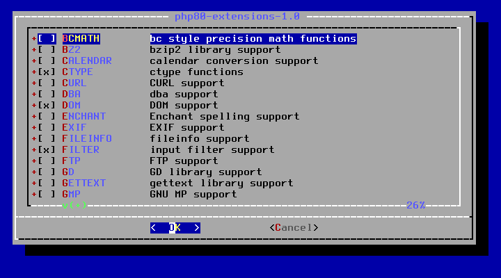 クリックでオリジナルのサイズで開きます 「FreeBSD 13.0 RELEASE」-「/usr/ports/lang/php80-extensions」「make config ①」