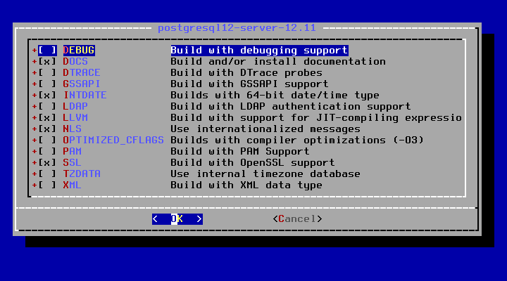 クリックでオリジナルのサイズで開きます 「FreeBSD 13.1 RELEASE」-「/usr/ports/databases/postgresql12-server」「オプション」