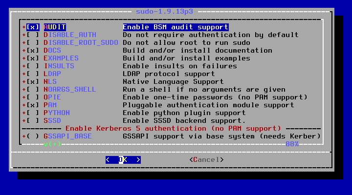 「FreeBSD 13.2 RELEASE」-「/usr/ports/security/sudo」「make config ①」