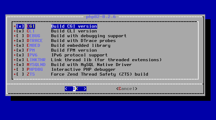 クリックでオリジナルのサイズで開きます 「FreeBSD 13.2 RELEASE」-「/usr/ports/lang/php82」「make config」