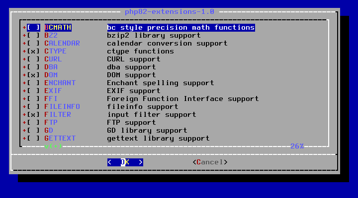 クリックでオリジナルのサイズで開きます 「FreeBSD 13.2 RELEASE」-「/usr/ports/lang/php80-extensions」「make config ①」