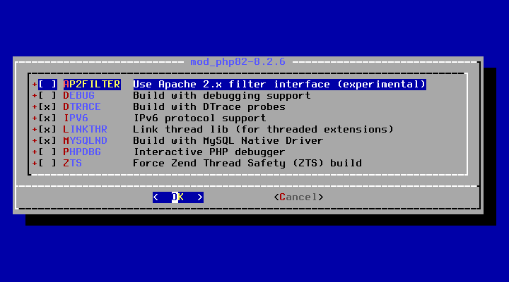 クリックでオリジナルのサイズで開きます 「FreeBSD 13.2 RELEASE」-「/usr/ports/www/mod_php80」「make config」
