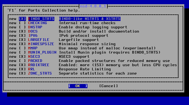 クリックでオリジナルのサイズで開きます 「FreeBSD 13.3 RELEASE」-「/usr/ports/dns/nsd」「make confi」