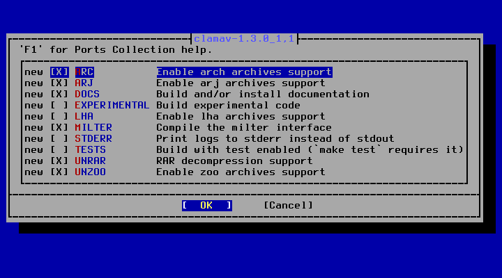 クリックでオリジナルのサイズで開きます 「FreeBSD 13.3 RELEASE」-「/usr/ports/security/clamav」「make config」