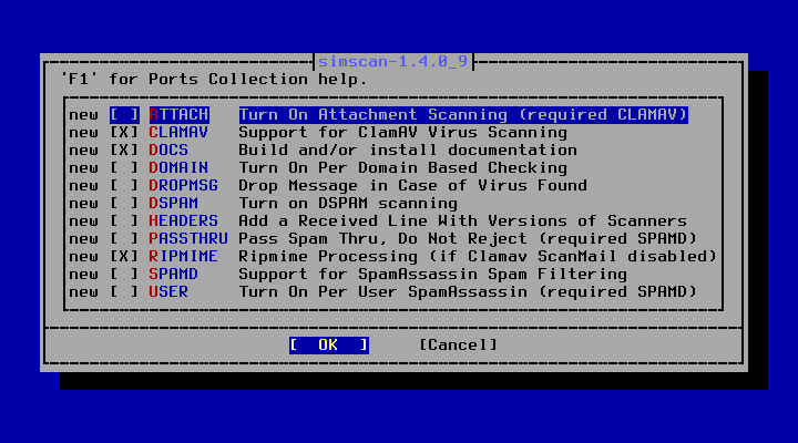 クリックでオリジナルのサイズで開きます 「FreeBSD 13.3 RELEASE」-「/usr/ports/mail/simscan」「make config」」