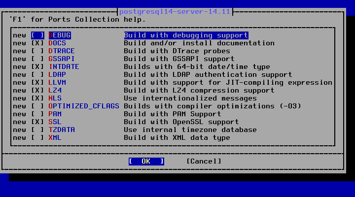 クリックでオリジナルのサイズで開きます 「FreeBSD 13.3 RELEASE」-「/usr/ports/databases/postgresql14-server」「オプション」