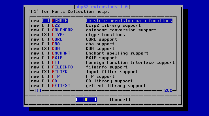 クリックでオリジナルのサイズで開きます 「FreeBSD 13.3 RELEASE」-「/usr/ports/lang/php82-extensions」「make config ①」