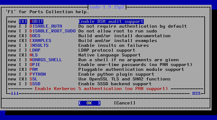 「FreeBSD 14.0 RELEASE」-「/usr/ports/security/sudo」「make config ①」