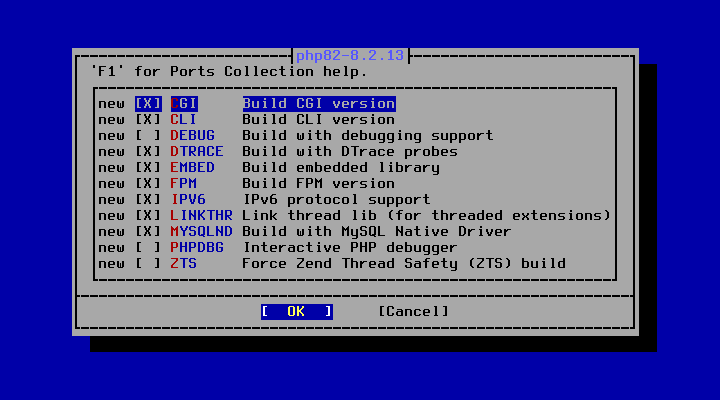クリックでオリジナルのサイズで開きます 「FreeBSD 14.0 RELEASE」-「/usr/ports/lang/php82」「make config」
