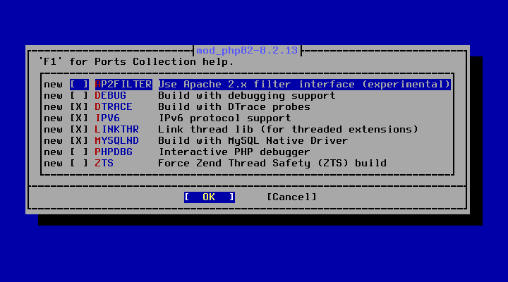 クリックでオリジナルのサイズで開きます 「FreeBSD 14.0 RELEASE」-「/usr/ports/www/mod_php80」「make config」