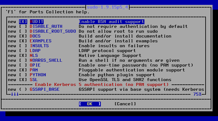 「FreeBSD 14.1 RELEASE」-「/usr/ports/security/sudo」「make config ①」