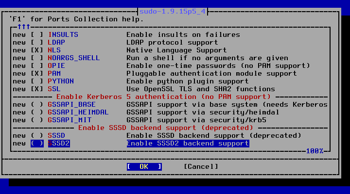 「FreeBSD 14.1 RELEASE」-「/usr/ports/security/sudo」「make config ②」
