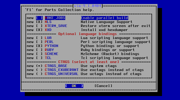 「FreeBSD 14.1 RELEASE」-「/usr/ports/editors/vim」「make config」
