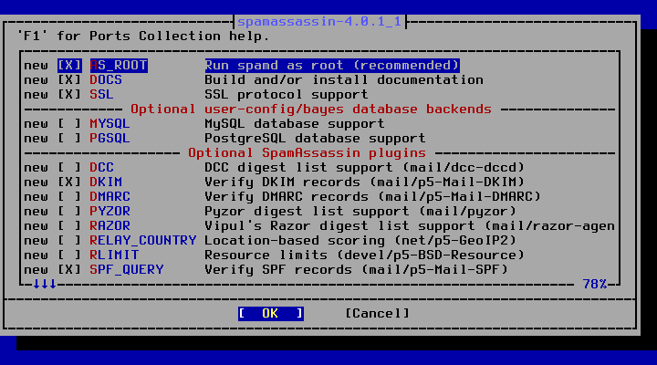 クリックでオリジナルのサイズで開きます 「FreeBSD 14.1 RELEASE」-「/usr/ports/mail/spamassassin」「make config ①」」