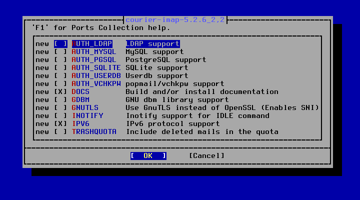 クリックでオリジナルのサイズで開きます 「FreeBSD 14.1 RELEASE」-「/usr/ports/mail/courier-imap」「make config」」
