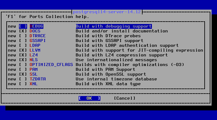 クリックでオリジナルのサイズで開きます 「FreeBSD 14.1 RELEASE」-「/usr/ports/databases/postgresql14-server」「オプション」