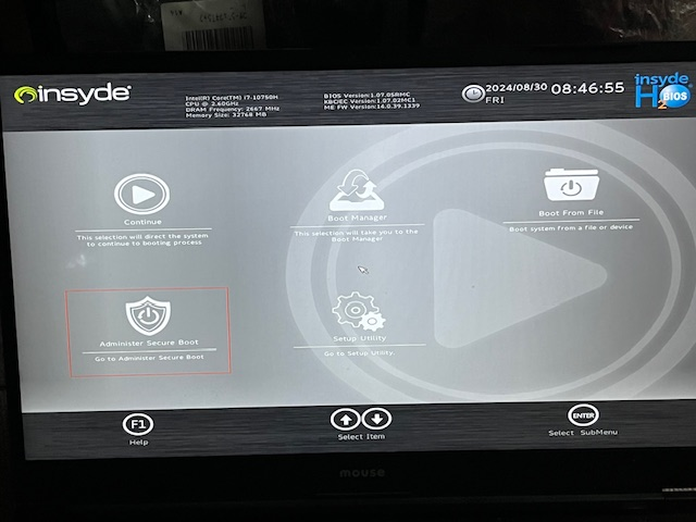 「MOUSE」-「BIOS」「Administrator Security Boot 選択」