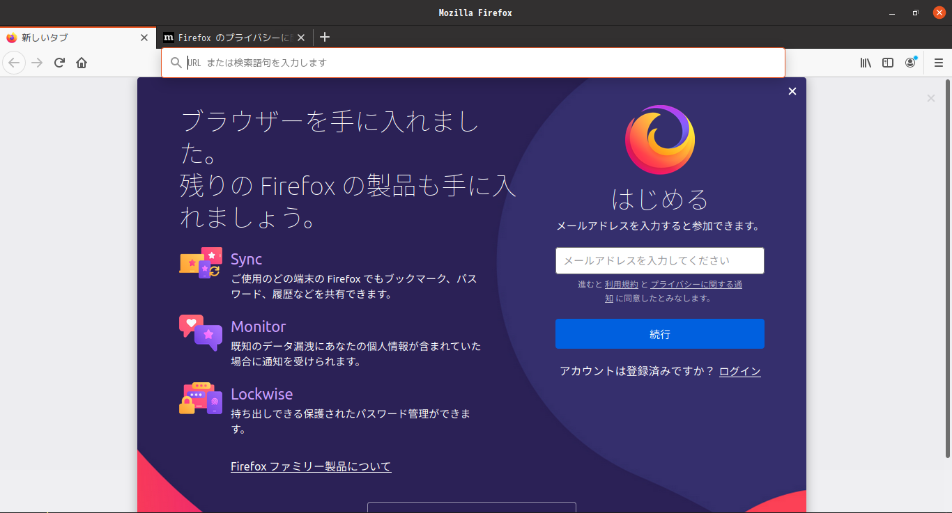 「Ubuntu 20.04」-「Firefox」「起動直後」