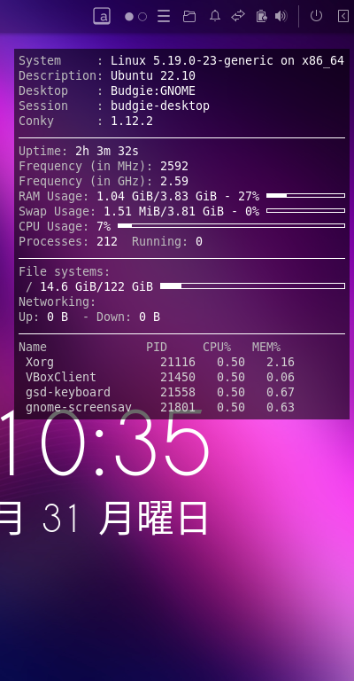 クリックでオリジナルのサイズで開きます 「Ubuntu BUDGIE 22.10」-「Conky」「表示」