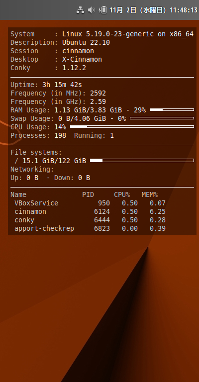 クリックでオリジナルのサイズで開きます 「Ubuntu Cinnamon 22.10」-「Conky」「表示」