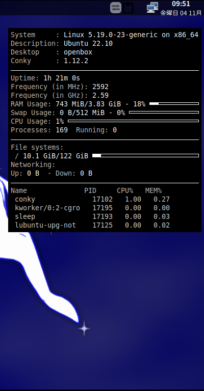 「Ubuntu 22.10 Openbox」-「Conky」「表示」